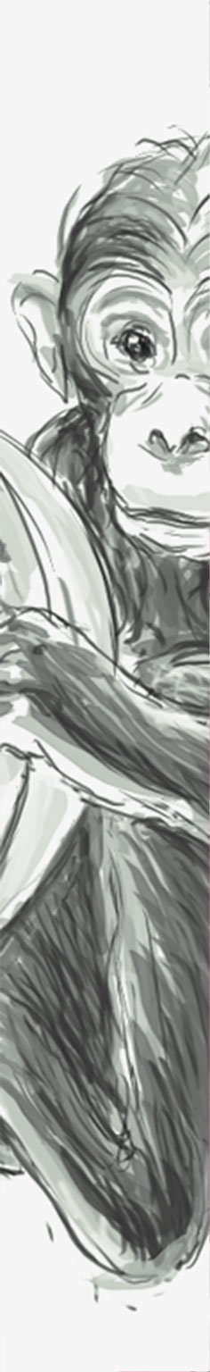 Small digital illustrations for Thieme-Meulenhoff, from a series of 40: Young chimpanzee, 'It's my banana!'